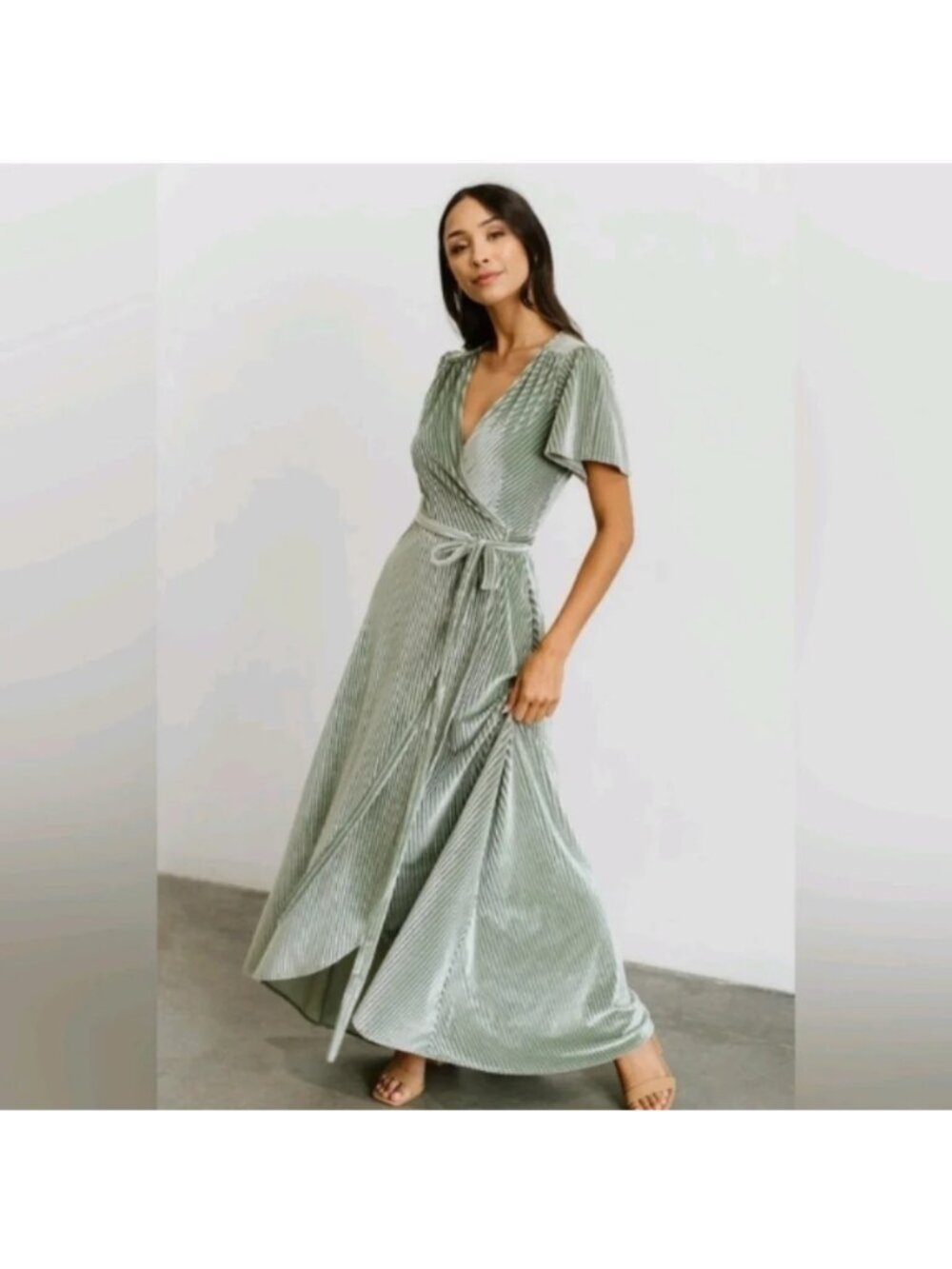 Baltic born Andi dusty sage ribbed velvet wrap dress MEDIUM maxi flutter sleeve